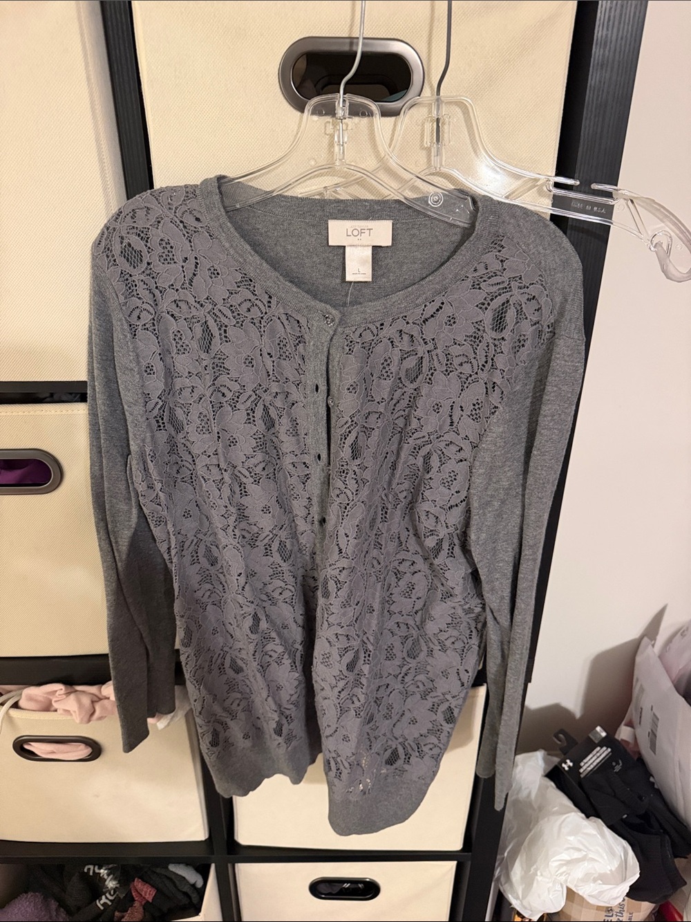 LOFT Gray Lace-Front Cardigan